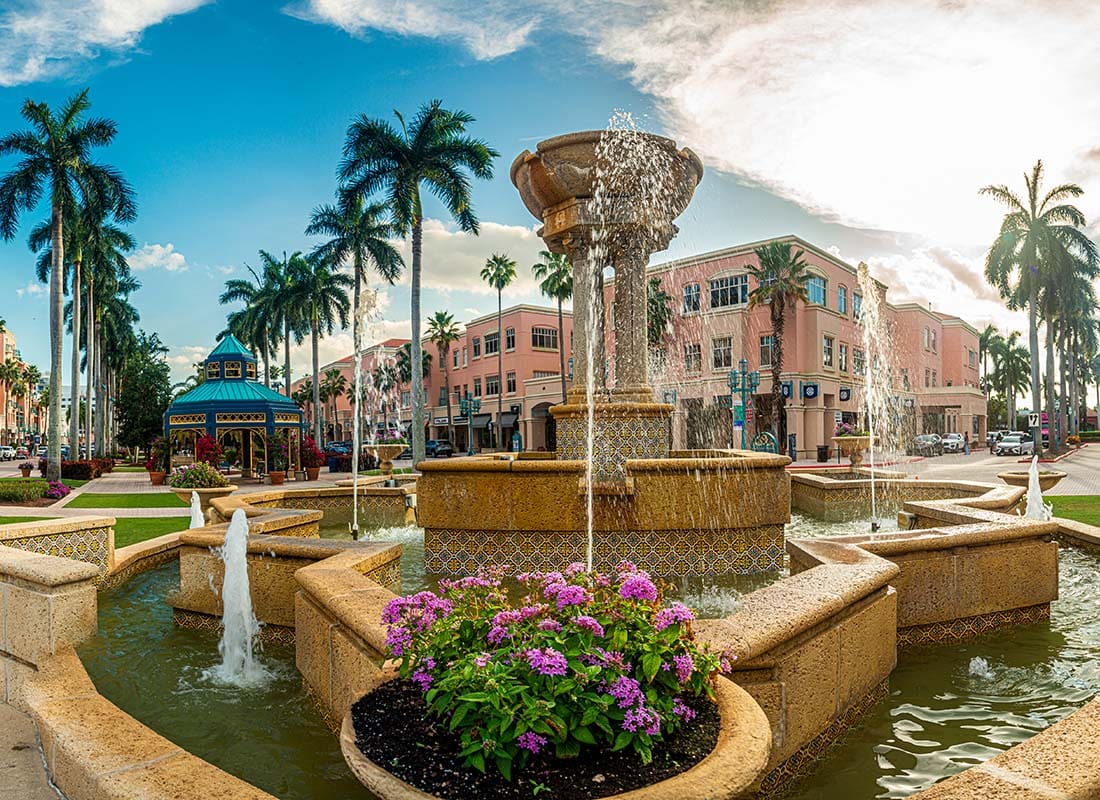 Boca Raton, FL - Tourist Area with Fountains and Small Shops in Boca Raton Florida on a Sunny Day