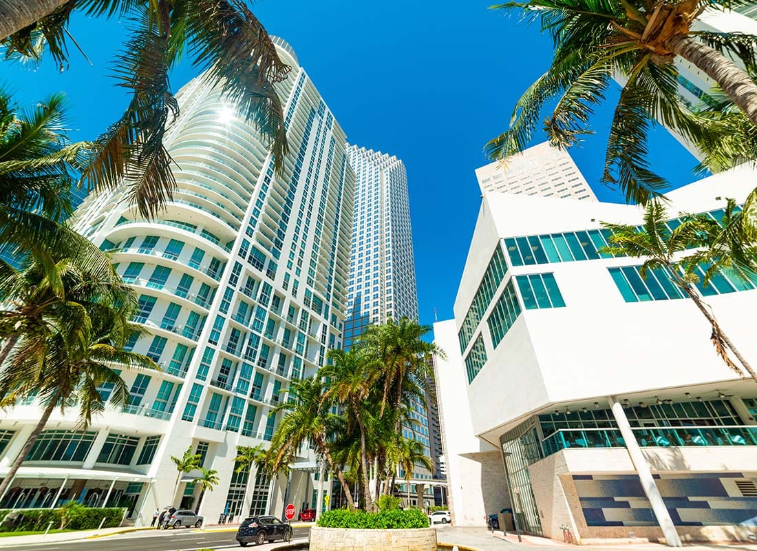 Miami Lakes, FL - Closeup View of Modern Buildings Next to Palm Trees Against a Bright Blue Sky in Miami Lakes Florida