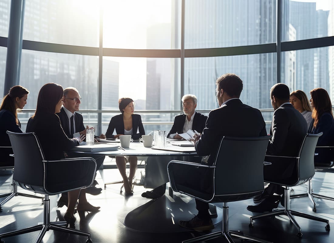 About Us - View of a Group of Business People Sitting Around a Table in a Modern Conference Room During a Corporate Meeting